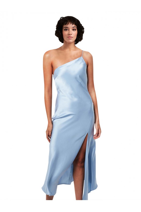 Midi Length Short Silky Satin Bridesmaid Dress with Asymmetric Neckline and High Side Split