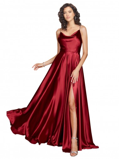 Cheap Silky Satin Cowl Neckline Long Bridesmaid Dress with Spaghetti Straps