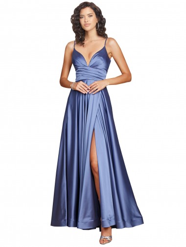 Cheap Deep V-Neck Sweetheart Long Silky Satin Bridesmaid Dress with Thigh High Slit
