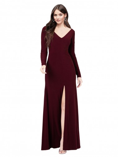 Cheap Long Sleeves Spandex Bridesmaid Gown with Front Slit