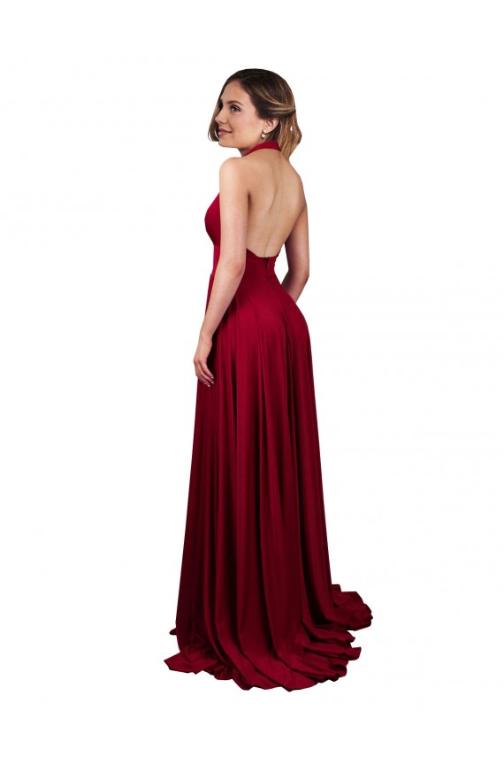 A-Line Halter Plunge V-Neckline Open Back Spandex Bridesmaid Dress with Slit