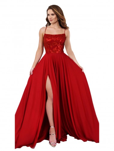 Cheap Lace Over Bodice Long Spandex Bridesmaid Dress with Slit