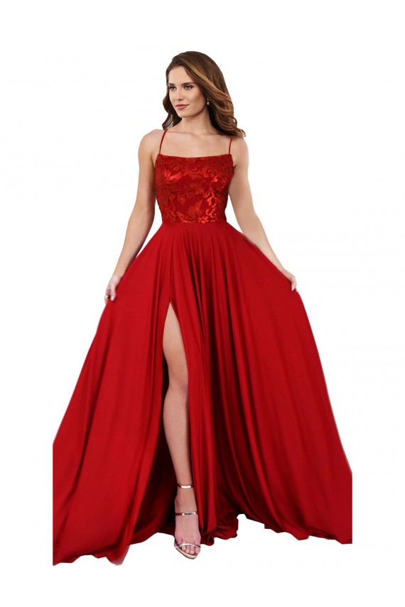 Lace Over Bodice Long Spandex Bridesmaid Dress with Slit