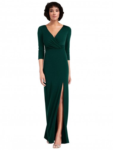 Cheap Floor Length 3/4 Sleeves V-Back Draped Wrap Maxi Spandex Bridesmaid Dress