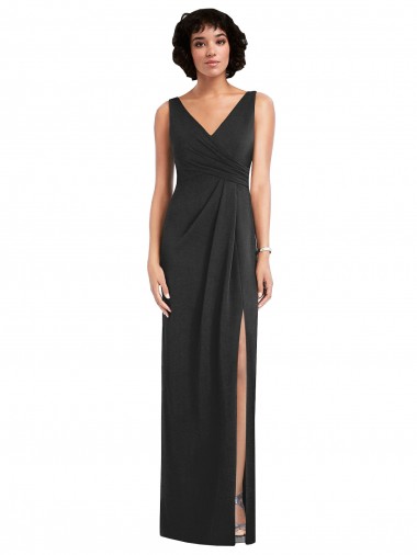 Cheap Draped Wrap Maxi Spandex Bridesmaid Dress with Front Slit