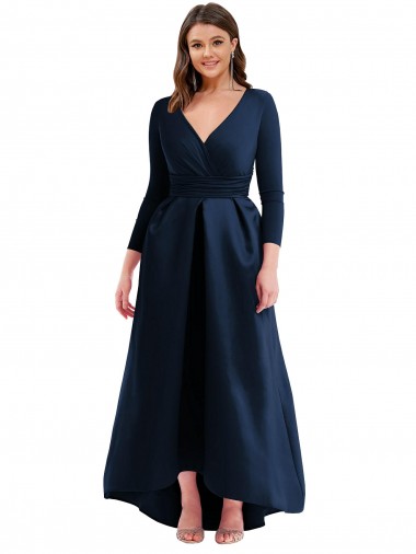 Cheap Long Sleeves Wrapped Spandex Bridesmaid Dress with High Low Full Skirt and Pockets