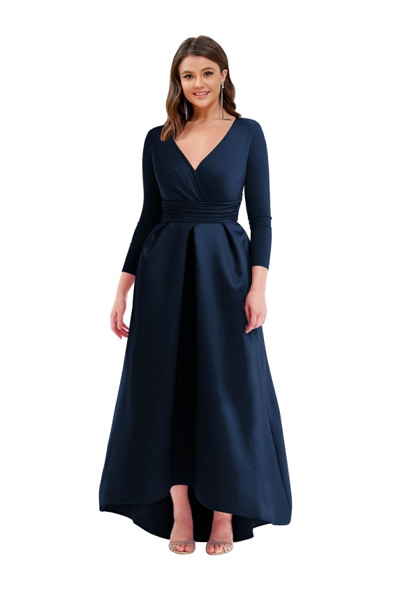 Long Sleeves Wrapped Spandex Bridesmaid Dress with High Low Full Skirt and Pockets