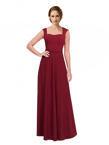 Cheap Square Neck Subtle Cap Sleeeves Crepe Bridesmaid Dress