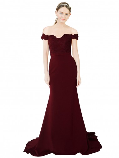 Cheap Full Length Off the Shoulder Crepe Bridesmaid Dress with Lace On Bodice and Back