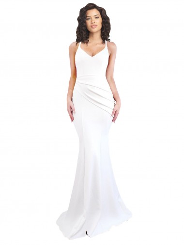 Cheap Fishtail Shape Spaghetti Straps Open Back Crepe Bridesmaid Dress with Ruffles