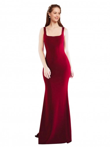 Cheap Square Neckline and Backline Fitted Crepe Bridesmaid Dress