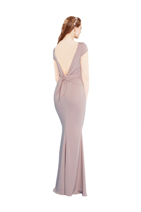 Boat Neck Cap Sleeve Crepe Bridesmaid Dress with Plunging Tie Back
