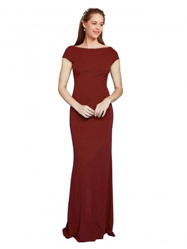 Cheap Cap Sleelves Mermaid Crepe Bridesmaid Dress Keyhole Back