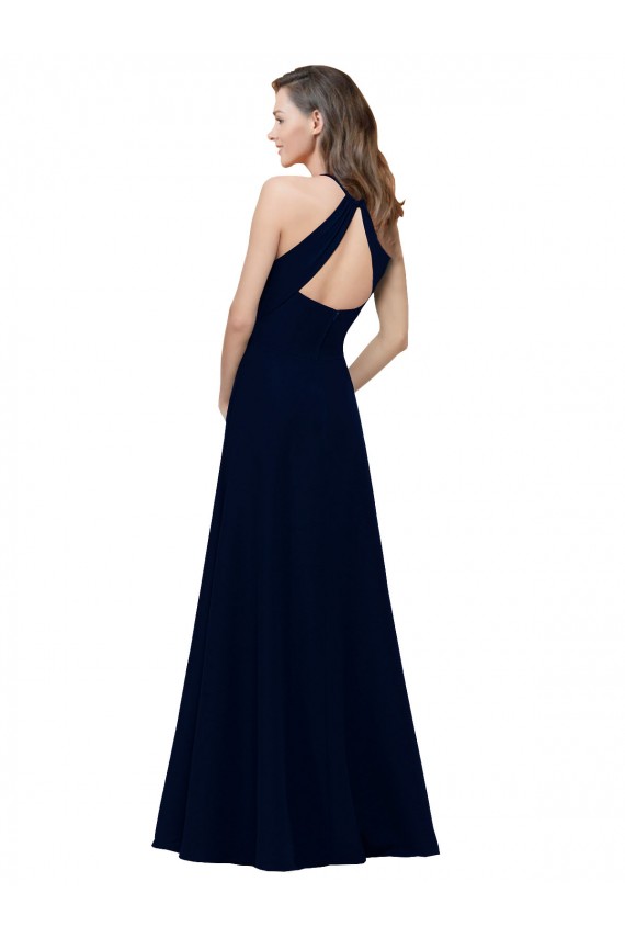 High Neck Crepe Bridesmaid Dress with Pleats and Keyhole Back