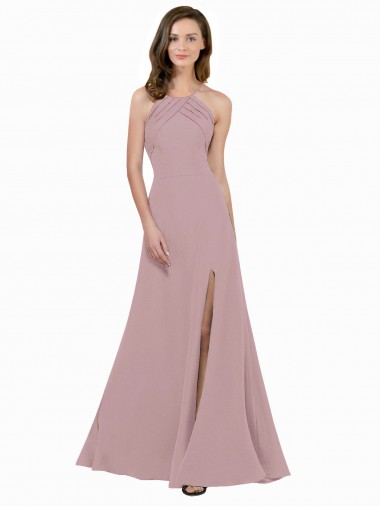 Cheap High Neck Crepe Bridesmaid Dress with Pleats and Keyhole Back