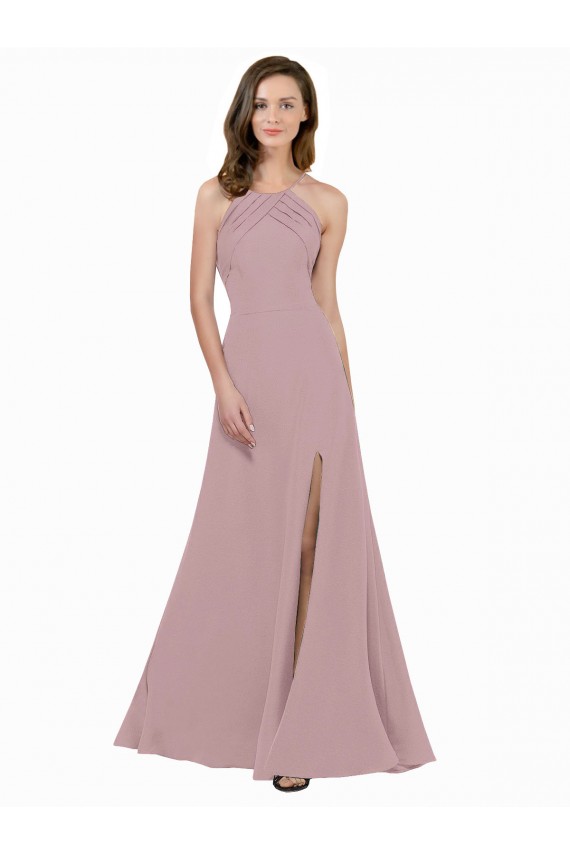 High Neck Crepe Bridesmaid Dress with Pleats and Keyhole Back