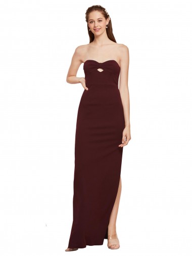 Cheap Twisted Strapless Keyhole Long Crepe Bridesmaid Dress with Slit