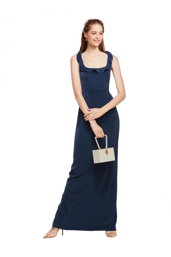 Scoop Neck with Ruffles Long Crepe Bridesmaid Dress with Back Slit