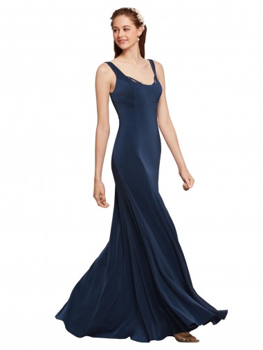 Cheap Fit and Flare Long Crepe Bridesmaid Dress with Round Neck