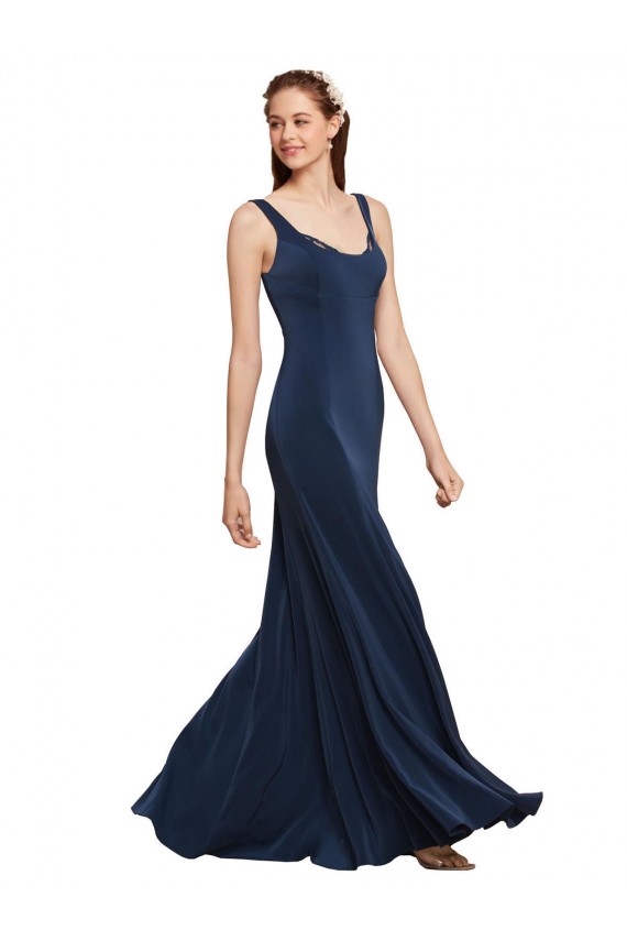 Fit and Flare Long Crepe Bridesmaid Dress with Round Neck