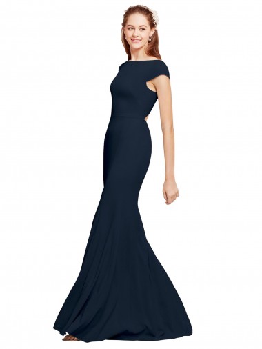 Cheap Fit and Flare Long Crepe Bridesmaid Dress with Tie Open Back