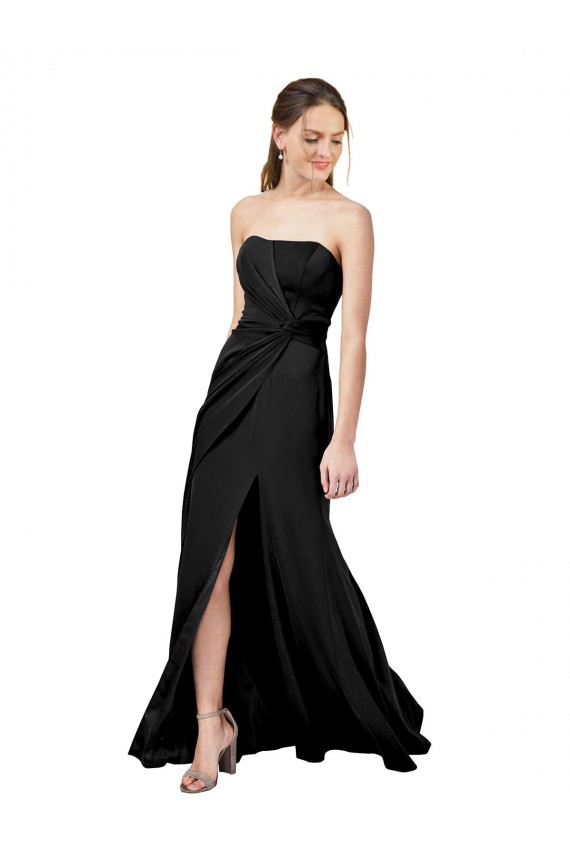 Strapless Fit and Flare Long Crepe Bridesmaid Dress with Knot and Slit