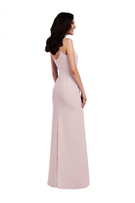 Spaghetti Strap V Back Crepe Bridesmaid Dress with Front Slit