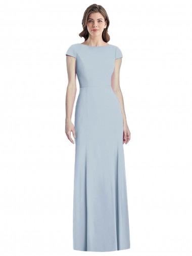 Cheap Bateau Neck Cap Sleeves Open Back Trumpet Bridesmaid Dress