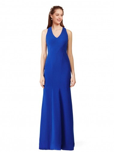 Cheap Halter V-Neck Long A-Line Crepe Bridesmaid Dress