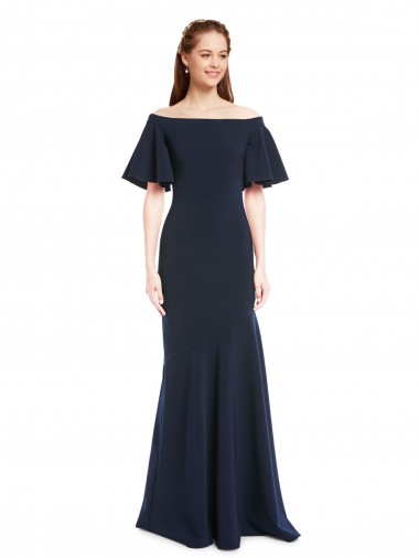 Cheap Off the Shoulder Crepe Bridesmaid Dress with Short Ruffle Sleeves.