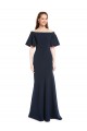 Off the Shoulder Crepe Bridesmaid Dress with Short Ruffle Sleeves.