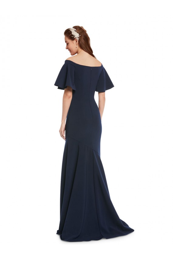 Off the Shoulder Crepe Bridesmaid Dress with Short Ruffle Sleeves.