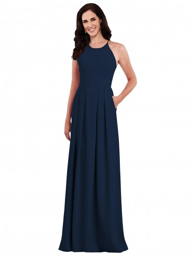 Cheap Criss Cross Back Crepe Halter Bridesmaid Dress with Pockets