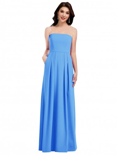 Cheap Strapless Pleated Skirt Crepe Bridesmaid Dress with Pockets