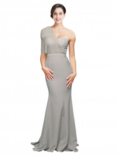 Cheap Long Sweep Train Sweetheart Crepe Bridesmaid Dress with Tulle One Shoulder