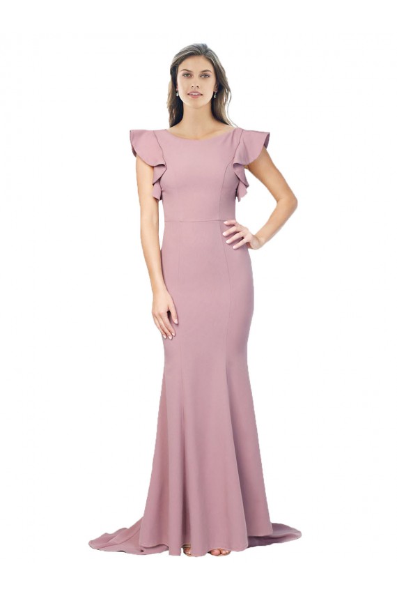 Flutter Sleeves Low V-Back High Round Neck Crepe Bridesmaid Dress