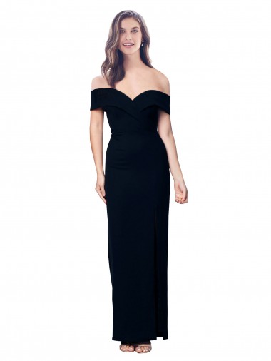 Cheap Off the Shoulder Long Full Length Crepe Bridesmaid Dress with Side Split