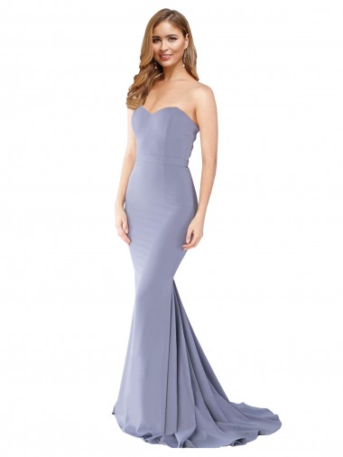 Cheap Long Strapless Sweetheart Sweep Train Crepe Bridesmaid Dress with Low Back