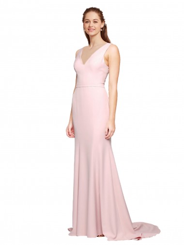 Cheap Deep V-Neckline and Back Long Sweep Train Crepe Bridesmaid Dress with Shoulder Straps