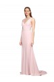 Deep V-Neckline and Back Long Sweep Train Crepe Bridesmaid Dress with Shoulder Straps