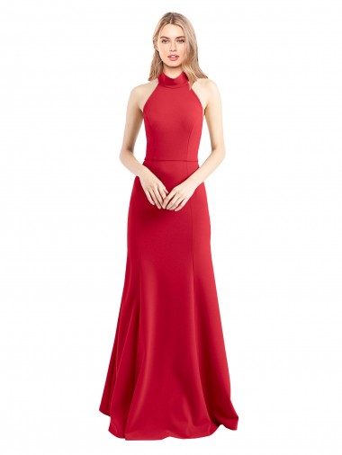 Cheap Sleek Fit and Flare High Neck Halter Stretch Crepe Bridesmaid Dress with Open Back