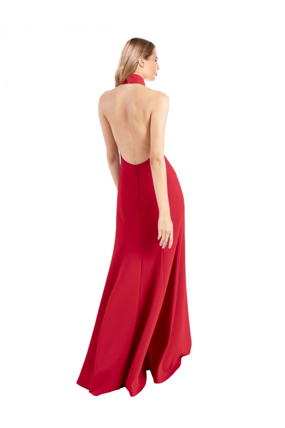 Sleek Fit and Flare High Neck Halter Stretch Crepe Bridesmaid Dress with Open Back