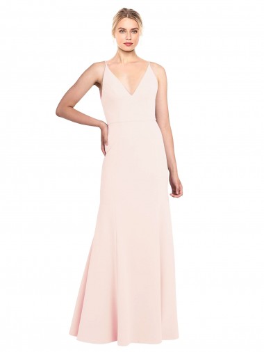 Cheap Slim A-Line V-Neck Long Stretch Crepe Bridesmaid Dress with V-Back