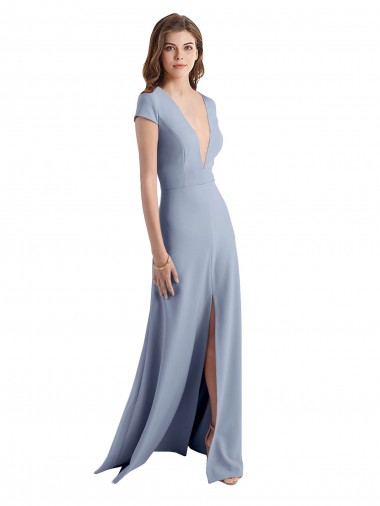 Cheap Plunging V-Neck Cap Sleeves Stretch Crepe Bridesmaid Dress with Front Slit