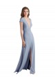 Plunging V-Neck Cap Sleeves Stretch Crepe Bridesmaid Dress with Front Slit
