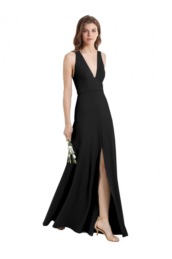 Sleek Halter V-Neck Long A-Line Stretch Crepe Bridesmaid Dress with Front Slit