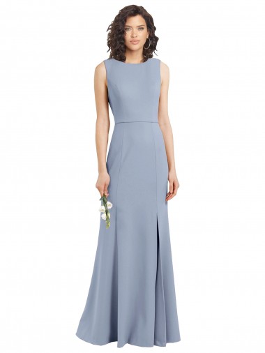 Cheap Boat Neckline and Sleek Fit and Flare Crepe Bridesmaid Dress with Keyhole Back