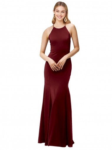 Cheap Fit and Flare Halter Neckline Stretch Crepe Bridesmaid Dress with Strappy Back