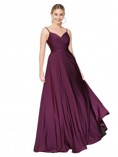 Cheap High Neck Spaghetti Straps Long V-Back Crepe Bridesmaid Dress