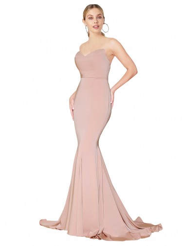 Cheap Sweep Train Sweetheart Long Mermaid Crepe Bridesmaid Dress Low Back